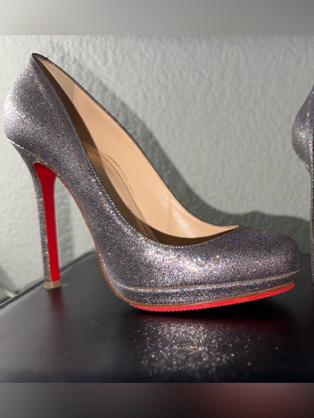 Christian Louboutin York 120 Silver Glitter Platform Heels 36.5